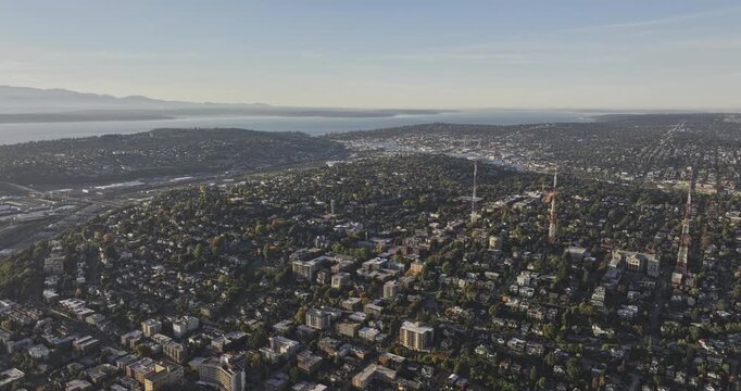 Seattle Washington Aerial v170 high flyover above Queen Anne Hill and Ballard with sweeping Puget Sound views - Shot with Mavic 3 Pro Cine - Oct 6th 2023