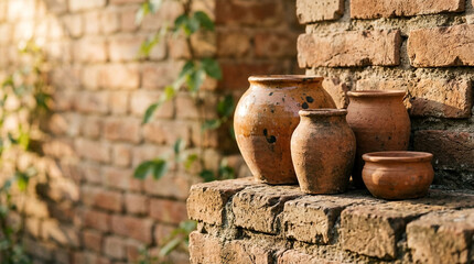 Fototapeta premium Ancient Terracotta Pots on Brick Ledge with Warm Sunlight