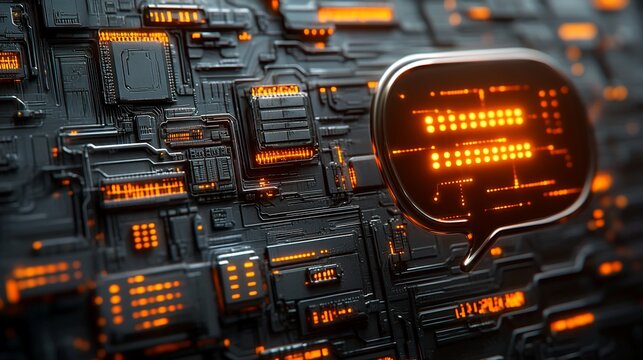 A glowing speech bubble sits on a futuristic circuit board.