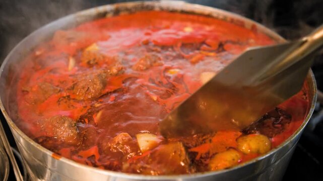 Birria cooking footage showing showing the birria cooking process during the traditional Mexican birria cooking process