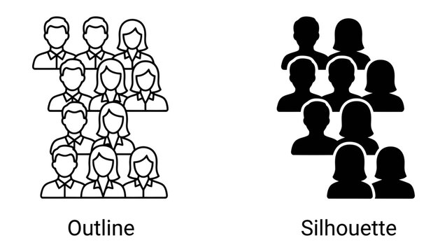 People Icon Comparison: A clear visual comparison showcasing the difference between outline and silhouette style icons representing groups of people.