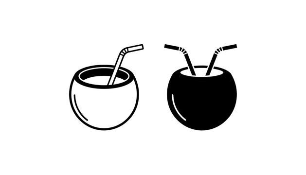 Coconut drink vector icon set featuring tropical cocktail with drinking straws isolated on white background