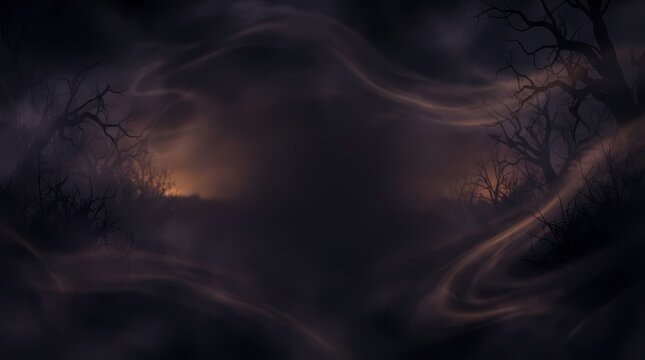 Spooky Halloween background with dark misty forest and glowing orange moonlight.