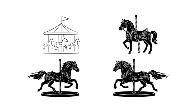 Vintage carousel horse and merry go round vector set with black silhouettes and outline icons isolated on white background