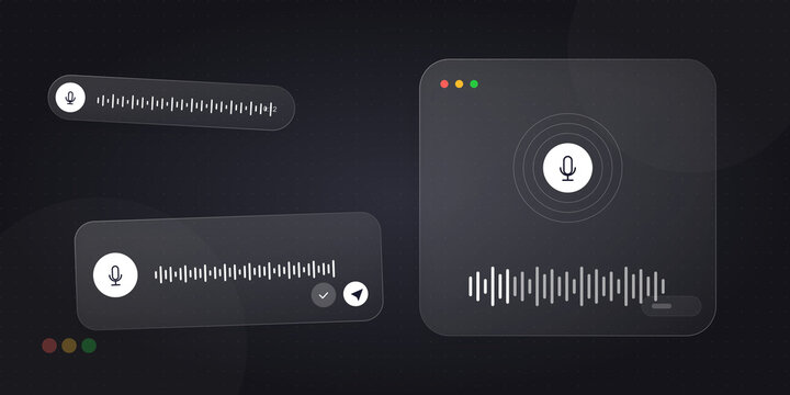 Digital voice message interface elements set with waveform visualizations on transparent background