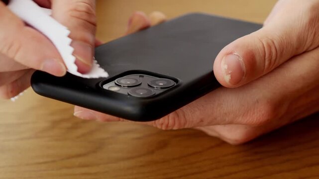Close up of man wiping smartphone camera lenses with microfiber cloth to remove fingerprints and improve photo clarity.