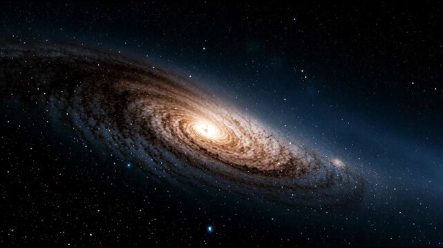 A way band moves through a night sky. Stars and dense stardust create a beautiful sight above. This takes place in outer space.