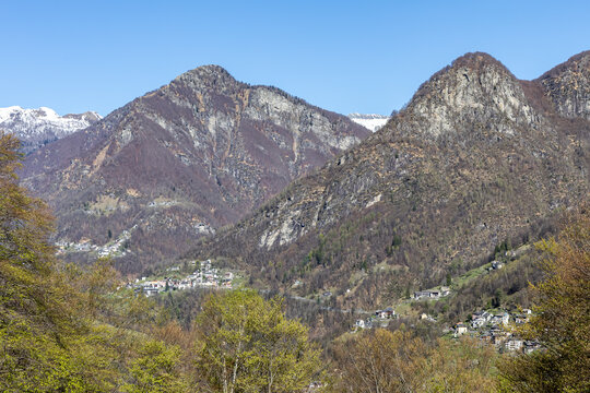 Swiss Alps mountains in canton Ticino village of Mosogno and Russo in Onsernone Valley, Switzerland