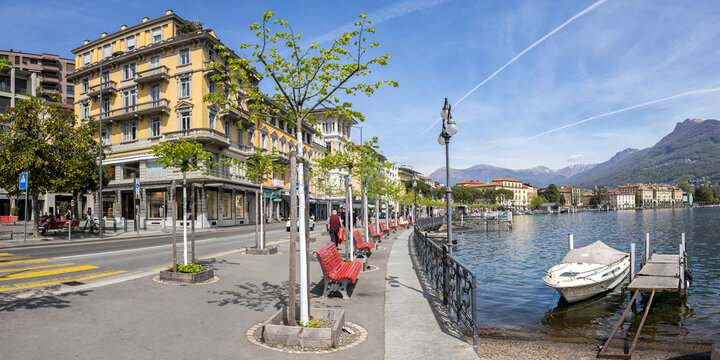 Lugano city promenade panorama in canton Ticino at Lake Lugano, Switzerland