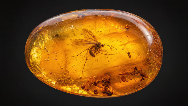 Baltic amber fossil macro with preserved prehistoric insect inclusion glowing warm golden orange from transmitted light with air bubbles plant fragments and flow line details