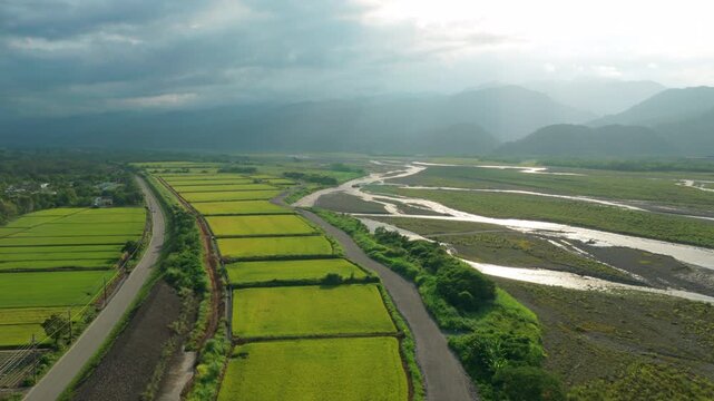 Aerial view of rice fields in Sanxing Township, Yilan County, Taiwan