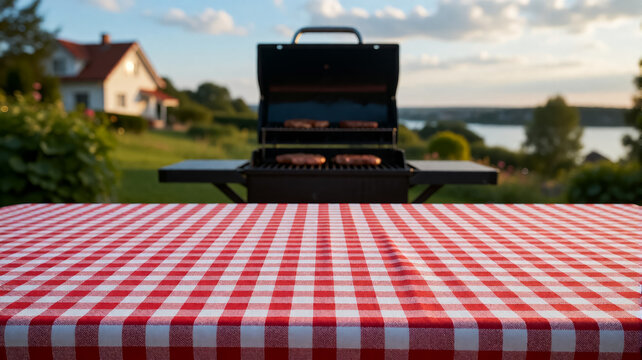 Outdoor grill with food cooking under golden evening light