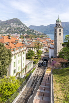 Lugano city with cathedral and funicular railway in canton Ticino at Lake Lugano, Switzerland