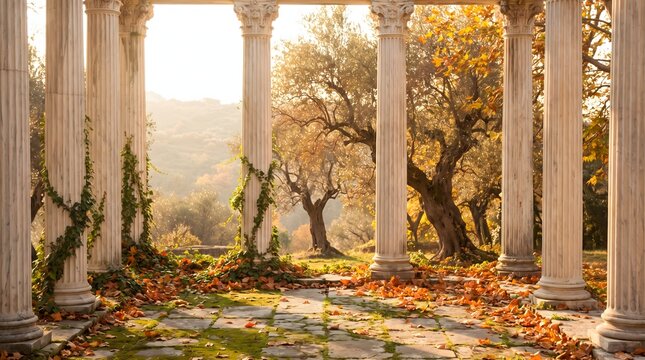Classical Stone Pillars Framing an Autumn Landscape at Golden Sunset