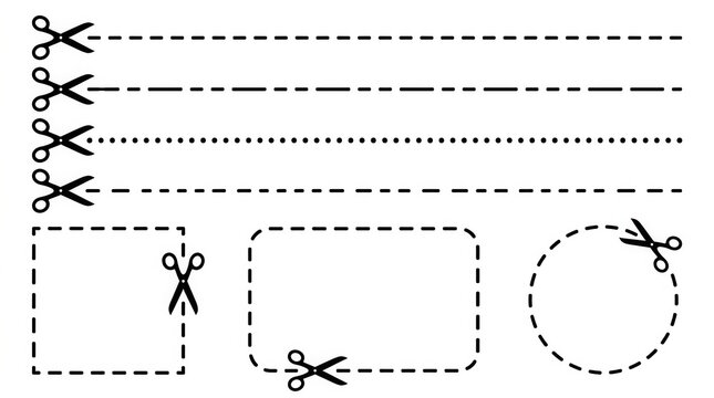 Black scissors with cut along dotted and dashed lines, square, rectangle and circle shapes