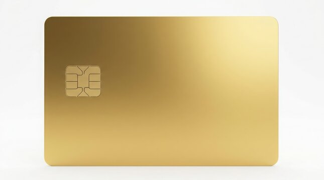 Blank gold credit card with emv chip, isolated on a plain white background, bank payment