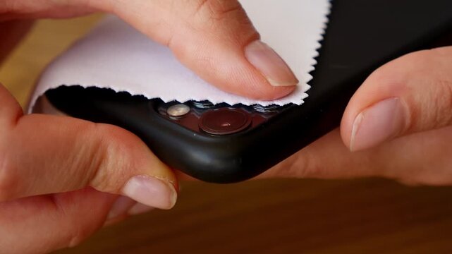Extreme close-up of woman cleaning smartphone camera lenses with microfiber cloth to remove fingerprints, dust and smudges for better photo quality