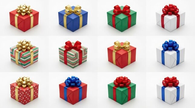Collection of twelve square gift boxes with ribbons and bows in various colors and patterns