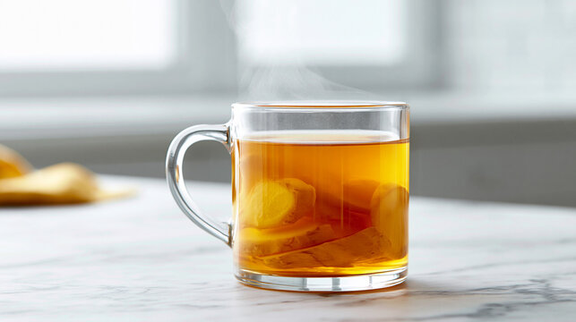 A hot glass mug filled with fresh ginger tea and sliced ginger root
