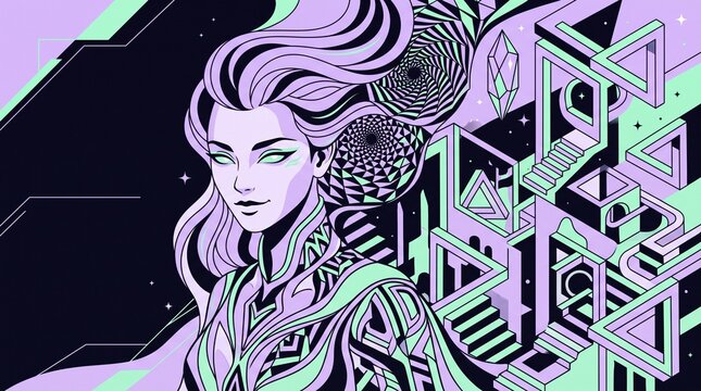 Psychedelic woman portrait with impossible geometry