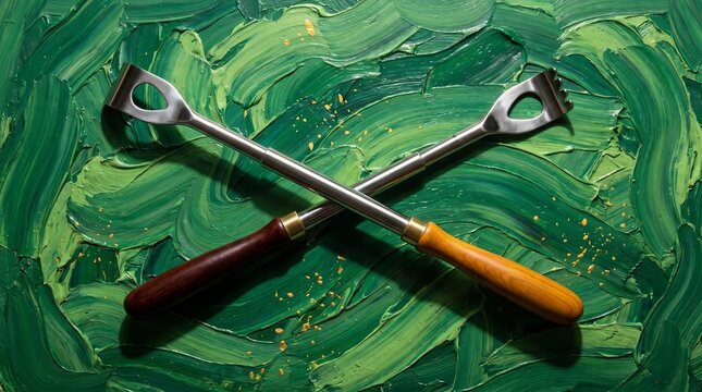 Two metal back scratchers with wooden handles lie crossed on top of thick impasto green paint featuring bright golden flecks