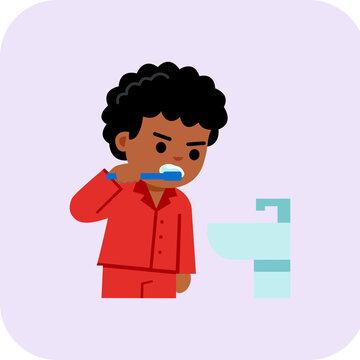 Vector illustration of a young boy in red pajamas brushing his teeth at a bathroom water sink before bed, maintaining clean teeth, oral hygiene, and healthy sleep routine.
