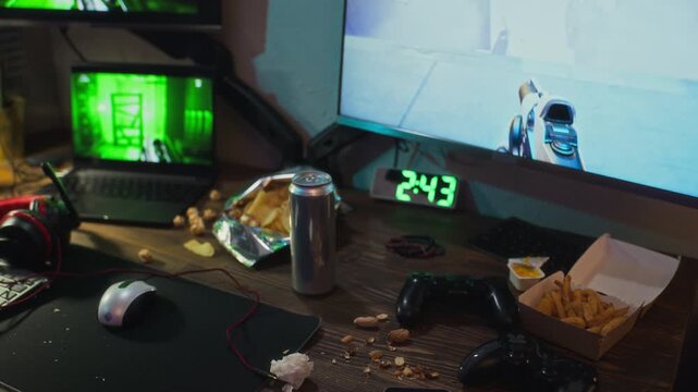 Messy gaming desk displaying active video game screens, controllers, fast food leftovers, and digital clock at night. Footage perfect for campaigns addressing screen addiction or gaming disorder