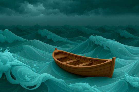 Boat floats on waves during a stormy ocean scene