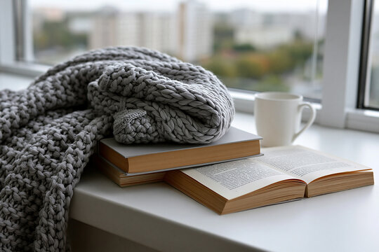 Cozy scene with books, a blanket, and a cup