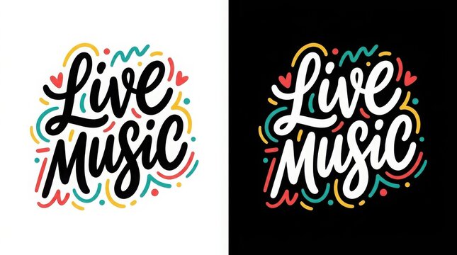 Live music hand lettering with colorful doodles on white and black backgrounds typography