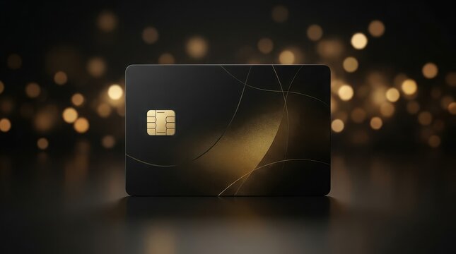 Matte black credit card with gold chip and subtle curved lines, bokeh background