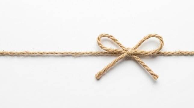 Natural jute twine tied in a simple bow on a plain white background, horizontal orientation