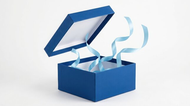 Open blue square gift box with light blue curled ribbons on a plain white background