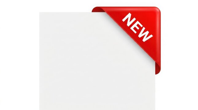 Red corner ribbon banner with white text new, attached to a blank white rectangular paper sheet