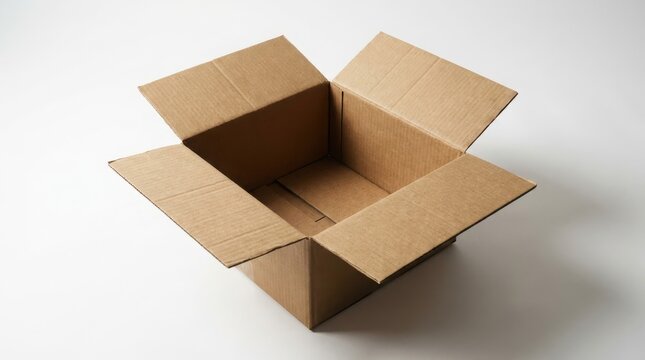 Open empty brown cardboard box with four flaps extended, isolated on a plain white background