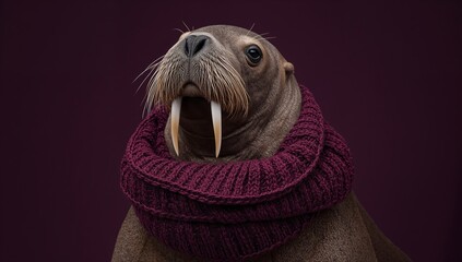 Obraz premium Realistic walrus wearing a knitted maroon scarf against a solid dark background, showcasing its prominent tusks and whiskers in a whimsical portrait style