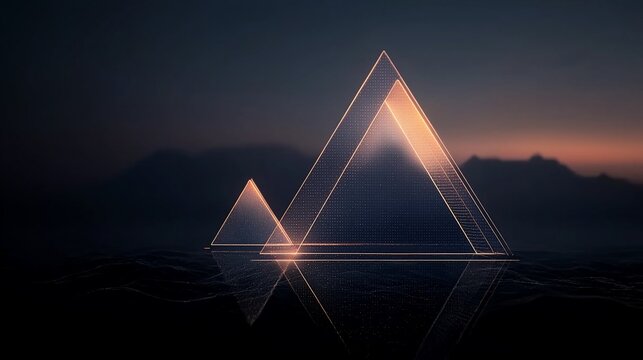 Glowing triangles reflecting on dark water at sunset.
