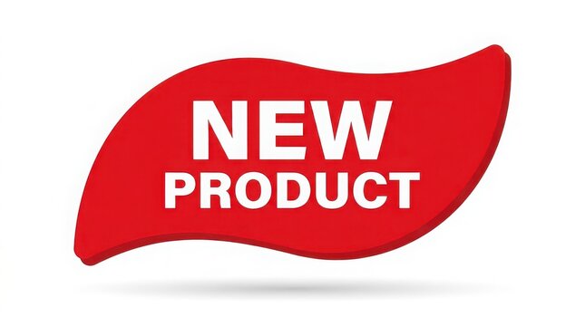 Red wavy banner with white text reading new product on a plain white background label