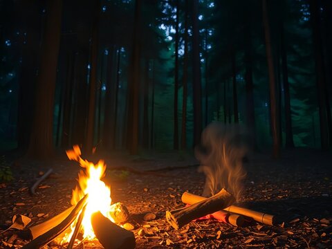 Warm glow of campfire dancing across forest floor, night, fire