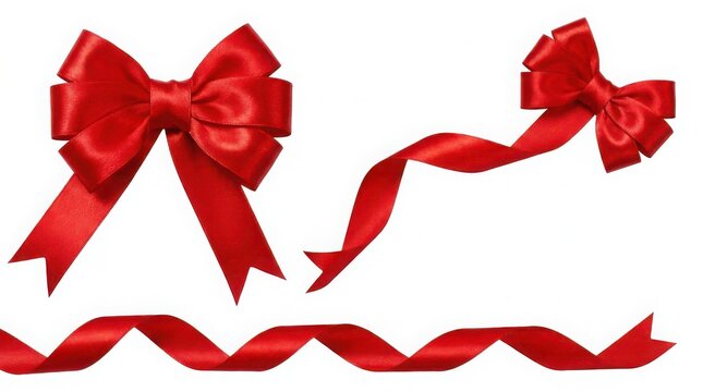Two red satin ribbon bows and a long wavy ribbon strip isolated on a white background