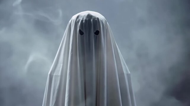 Mysterious ghost in white sheet with dark almondshaped eyeholes in foggy, dark setting, halloween spookiness