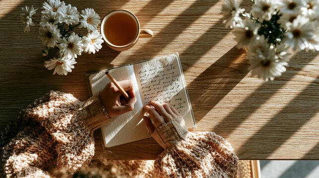 Woman writing in notebook journal at home morning mental health care