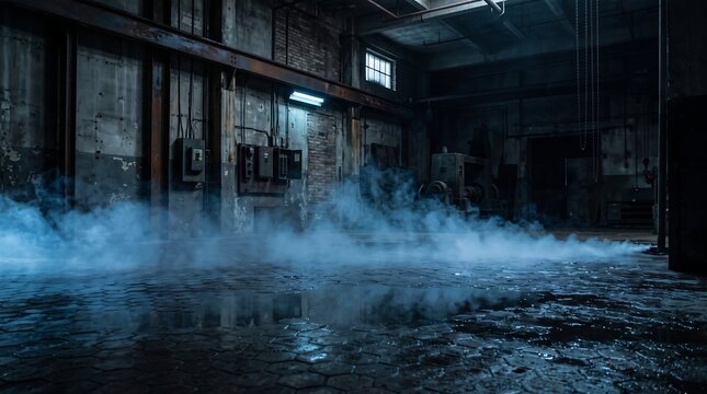 Thick smoke billowing across the floor of a dark abandoned industrial warehouse interior.