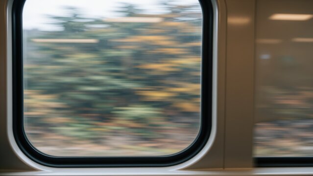 Blurred landscape view through a window on a moving train, capturing trees and natural scenery, with warm daylight, creating a dynamic travel and transportation theme