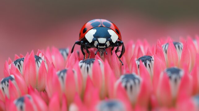 Close-up of a red ladybug on pink flower petals with black spots and background blur