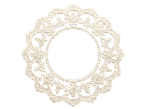 Circular lace frame with rose motifs for wedding invitations.