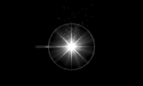 Bright white lens flare with radiant circular glow and tiny shimmering particle sparks emanating outward against a deep black background creates a stunning digital light effect