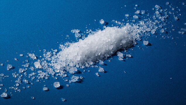 Exquisite high fashion photography of rock salt crystals scattered on a cobalt surface, showcasing the texture and clarity of the salt against the vibrant background