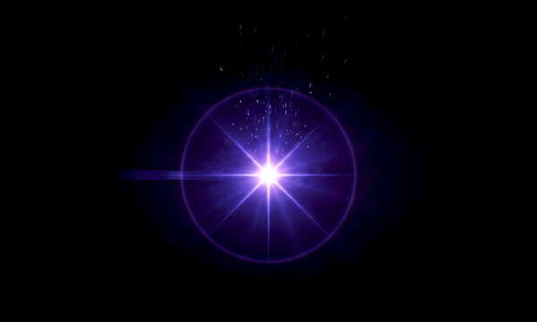 Radiant purple starburst flare emanating brilliant light beams and glowing cosmic particles against a deep black background creates an intense visual effect for futuristic digital projects