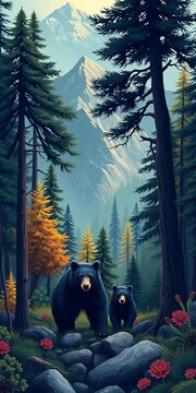 Seamless texture featuring a vector illustration of a mountain forest with a black bear family, serene, scenery